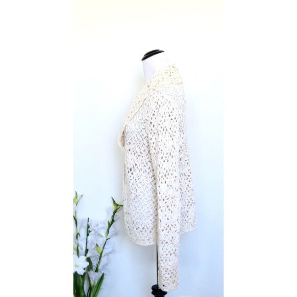 NEW! Talbots Alpaca Wool Blend Crochet Knit Cardigan Button Front Ivory SZ M - Picture 2 of 7